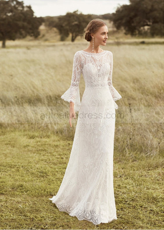 Bell Sleeves Ivory Lace Over Boho Chic Wedding Dress
